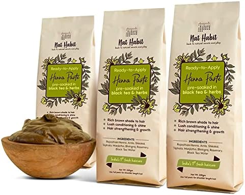 Eleven Zone NAT Habit – Fresh Ready to Apply Henna Paste, Pre-Soaked in Black Tea and Herbs,100% Natural Rajasthani Henna, Imparts Rich Brown Shade (Pack of 3 x 220g)