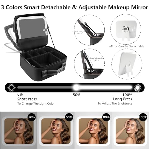 Image of MOMIRA Travel Makeup Bag Cosmetic Bag with Lighted Mirror, Adjustable Brightness in 3 Color Scenarios, Waterproof, 10x Magnifying Mirror, Rotatable Independent Light Mirror- Black(Solid)
