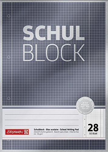 Brunnen Schulblock / Notizblock Premium (A4, 50 Blatt, kariert, mit Randlinien, Lineatur 28, gelocht, kopfverleimt, 90 g/m²)
