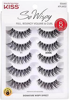 KISS So Wispy False Eyelashes Multipack #11, Full Bouncy Volume & Curl, Signature Wispy Effect, Quality Synthetic, Crisscross Pattern, Cruelty Free, Reusable and contact lens friendly, 5 Pairs