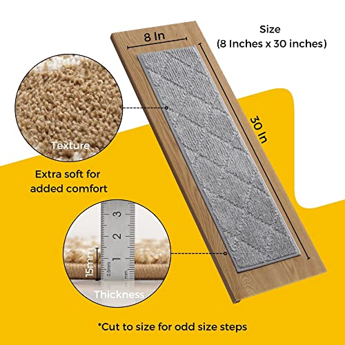 Mbigm 8"X30" Carpet Stair Treads For Wooden Steps (15 Pack) - Non-Slip Safety Rug With Soft Plush Comfort - Skid Resistant Indoor Runner For Kids, Elders, And Pets - Reusable Adhesive - Light Grey #TOP1