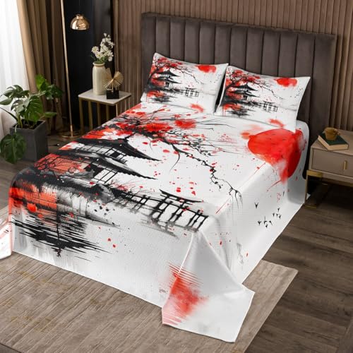 jejeloiu Japanese Anime Bedspread Twin Size Kids Japan Cherry Blossom Floral Coverlet Set for Boys Girls Abstract Art Quilted Coverlet Soft Lightweight Microfiber Room Decor