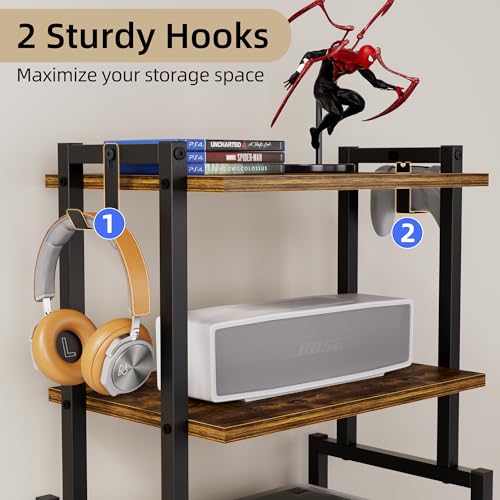 4-Tier AV Media Corner Shelf, Game Console Stand with 2 Hooks, Stereo Audio Component Rack, Small Entertainment Center for Living Room, Gaming Room, Music Studio, Rustic Brown - Image 5