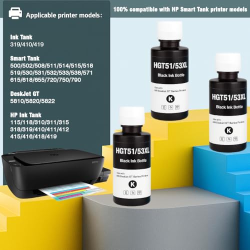 Image of KOSH Refill Ink Bottle Compatible for HP Deskjet 5810,5811,5820,5821,5822, Inktank Wireless 310,315,316,319,410,415,416,419,Smart Tank 115,500,510,515,516,720,750,790 Printers (3, GT53XL 135MLx 3)
