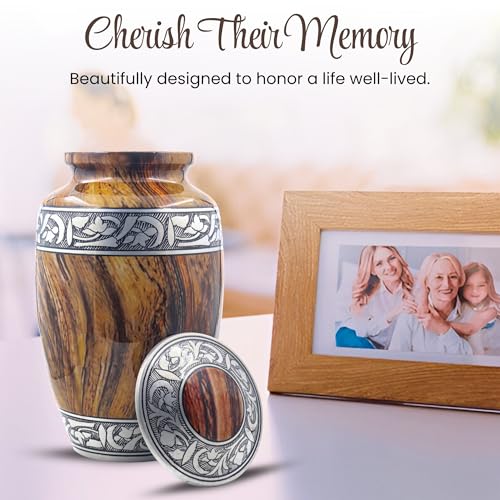 Image of Floral Silver Engraved Cremation Urn for Human Ashes Adult - Handcrafted Funeral Memorial Ashes Urn - Keepsake - Bag Included (Wood Texture) (70 Cubic Inches)