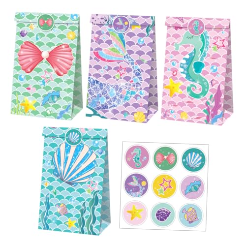 SMASOLO Juego de Bolsas de Papel para Regalos Temática Sirena, 14 Unidades (4 Estilos X 3 Piezas 2 Pegatinas), Material Papel Ecológico, Duradero y Seguro para Fiestas y Manualidades