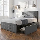 IDEALHOUSE Full Platform Bed Frame with Headboard and 4 Drawers Storage, Button Upholstered Mattress