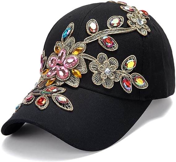 Women Rhinestone Baseball Cap Bejeweled Bling Cap Distressed Denim Sun Hat Adjustable