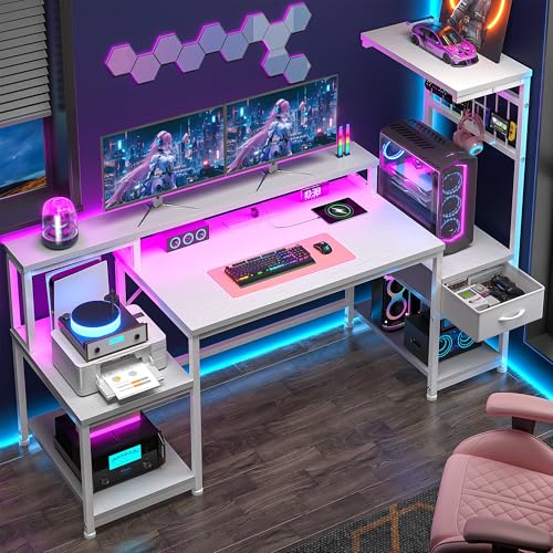 Image of DurayLoly 55 inch Computer Desk with LED Lights & Outlets,Office Desk with Drawers & Monitor Stand,Gaming Desk with 3 Storage Shelves, Hooks& Printer Space for Game&Study Room,Home Office,Bedroom,White