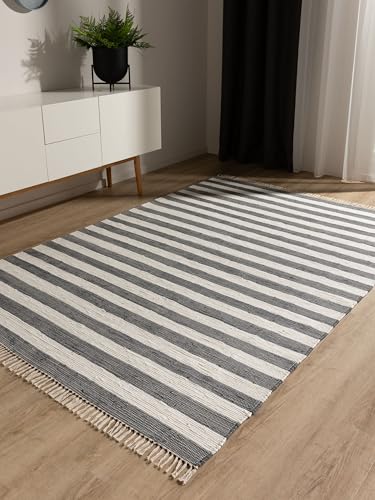 benuta Tom Pop - Alfombra de algodón (70 x 120 cm, tejido a mano, 100% algodón reciclado), color gris y blanco