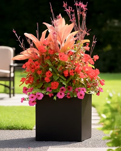 IDEALIST 40cm Square Planter for Garden| Black Reinforced Stone Flower Pot with Drainage Holes L40 W40 H40.5 cm, 50 litres