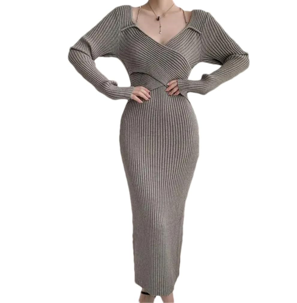 Robe en tricot à manches longues et col en V pour femme - Automne et hiver - Robe moulante en tricot