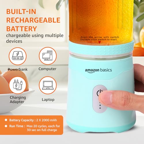 Image of Amazon Basics Portable Blender | 350 /500 ml Jar | USB Charging | Battery Operated and Rechargeable | 6 Stainless Steel Blades | 2x2000 mAh Batteries | 1 Year Warranty