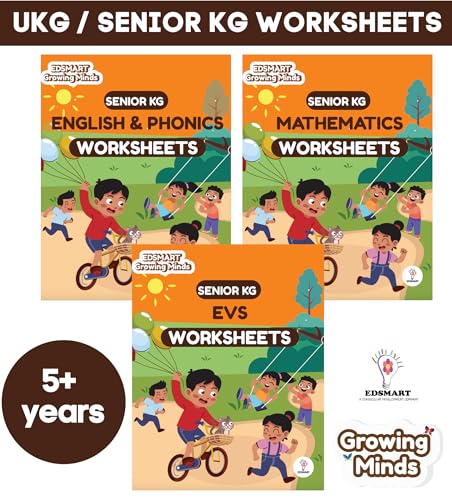Image of Edsmart Senior KG Worksheets for CBSE | 3 book Combo for English and Phonics, Math worksheets and EVS | Pre-primary worksheets for LKG (Edsmart Growing Minds)