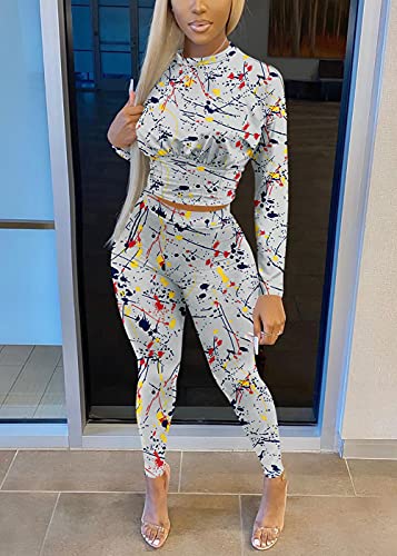 Printed Two Piece Outfits For Women, Long Sleeve Tummy Control Crop Top & Long Pants, Fashion Tracksuit Sweatsuit, Women's Fall Loose Athletic Clothing 2 Piece Sets (L-Gray, 2Xl) #TOP3