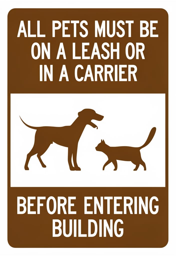 peiyeety All Pets Must Be on a Leash or in a Carrier Before Entering Building Tin Sign, 12x8 Inch Vintage Metal Pet Policy Wall Decor, Brown Dog and Cat Sign for Home, Business, or Gift