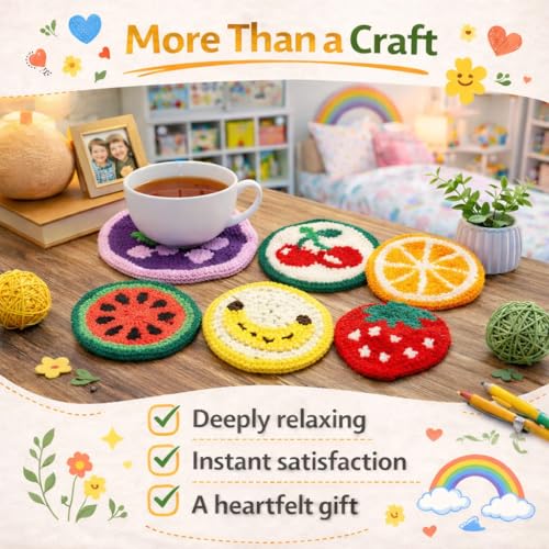 Image of Punch Needle Coaster Kit for Adults Beginners, Easy Punch Embroidery Starter Set with Instructions - Fun Mug Rug Making Kit for Table Decor & Festival DIY Gifts (6pcs Cute Fruits)