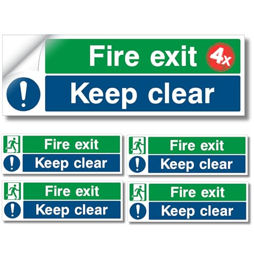 Fire Exit Keep Clear, Safety Signs, Self Adhesive Vinyl 4Pcs, Waterproof Decals Set, (BS-5499) compliant, 300mm x 100mm, Door Signs, for Indoor Outdoor Use - Made In UK by PrintKings