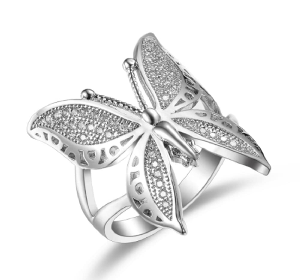 Awmnjtmgpw 925 Sterling Silver Shiny Butterfly Engagement Diamond Ring ...