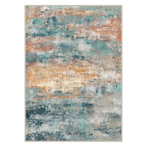 Image of BEIMO Area Rugs 8x10 for Living Room Bedroom, Modern Abstract Machine Washable Rug, Large Soft Low Pile Floor Carpet with Non Slip Backing for Dining Room, Blue /Orange