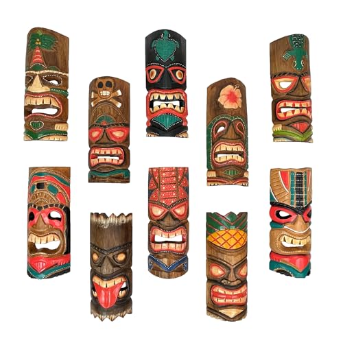 Zeckos Set of 10 Hand-Carved Tiki Masks - 12-Inch Polynesian Wooden Wall Decor, Artisan-Crafted by Indonesian Masters, Vibrant Island Colors, Versatile Hanging Options, Unique Artistry