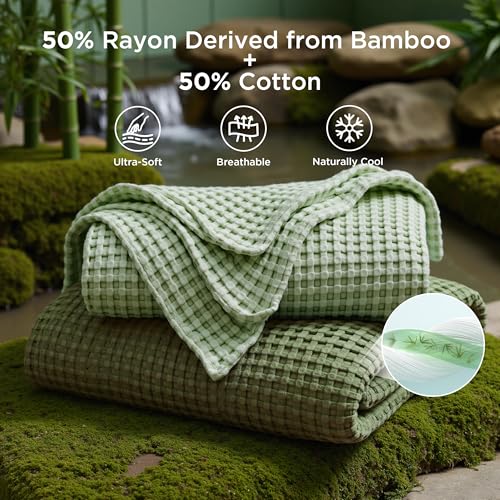 Image of Bedsure Cooling Cotton Waffle Weave Throw Blanket - Lightweight Breathable Blanket of Rayon Derived from Bamboo for Hot Sleepers, Luxury Throws for Bed, Couch and Sofa, Olive Green, 50x70 Inches