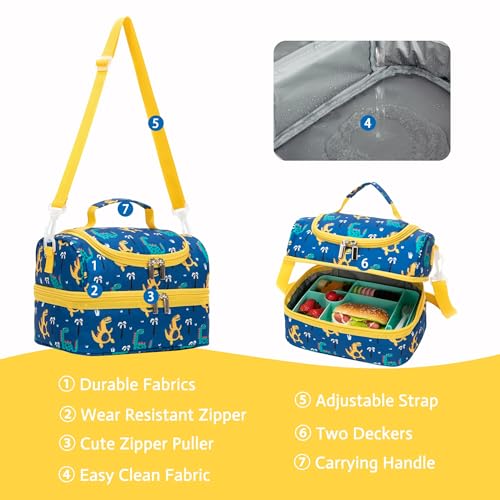 Image of Insulated Kids Dual Compartment Lunch Bags Tote for Boys Toddler Kindergarten School Double Decker Cooler Boxes with Shoulder Strap Yellow Dinos