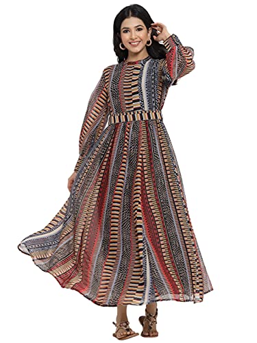 Image of Juniper Black Alphin Chiffon Printed Flared Dress with Waist Tie-up