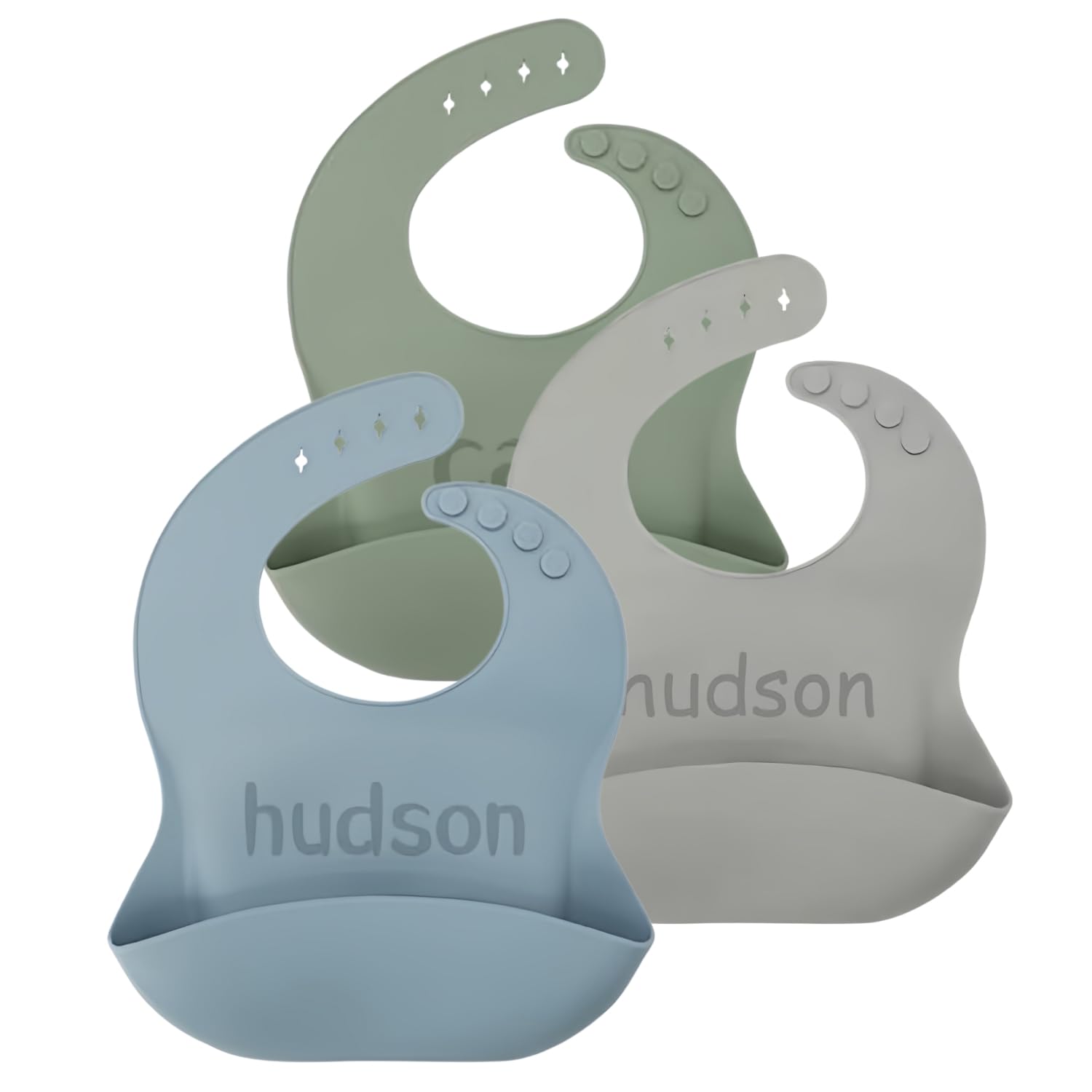 norinori Personalised Silicone Baby Bibs with Name, Set of 3 Custom Waterproof Bibs for Babies & Toddlers, Easy Clean, Crumb Catcher, Adjustable Soft Feeding Bibs