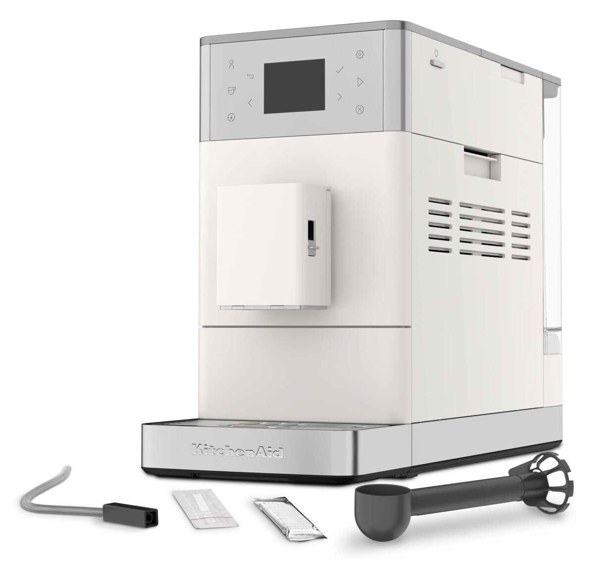 KitchenAid KF3 ekspres do kawy 5KES8453 z funkcją Iced Coffee, mechanizm mielący IntelliGrind, system AutoMilk, 15+ przepisów, kolorowy wyświetlacz 6 cm, 15-18 bar, porcelana biała