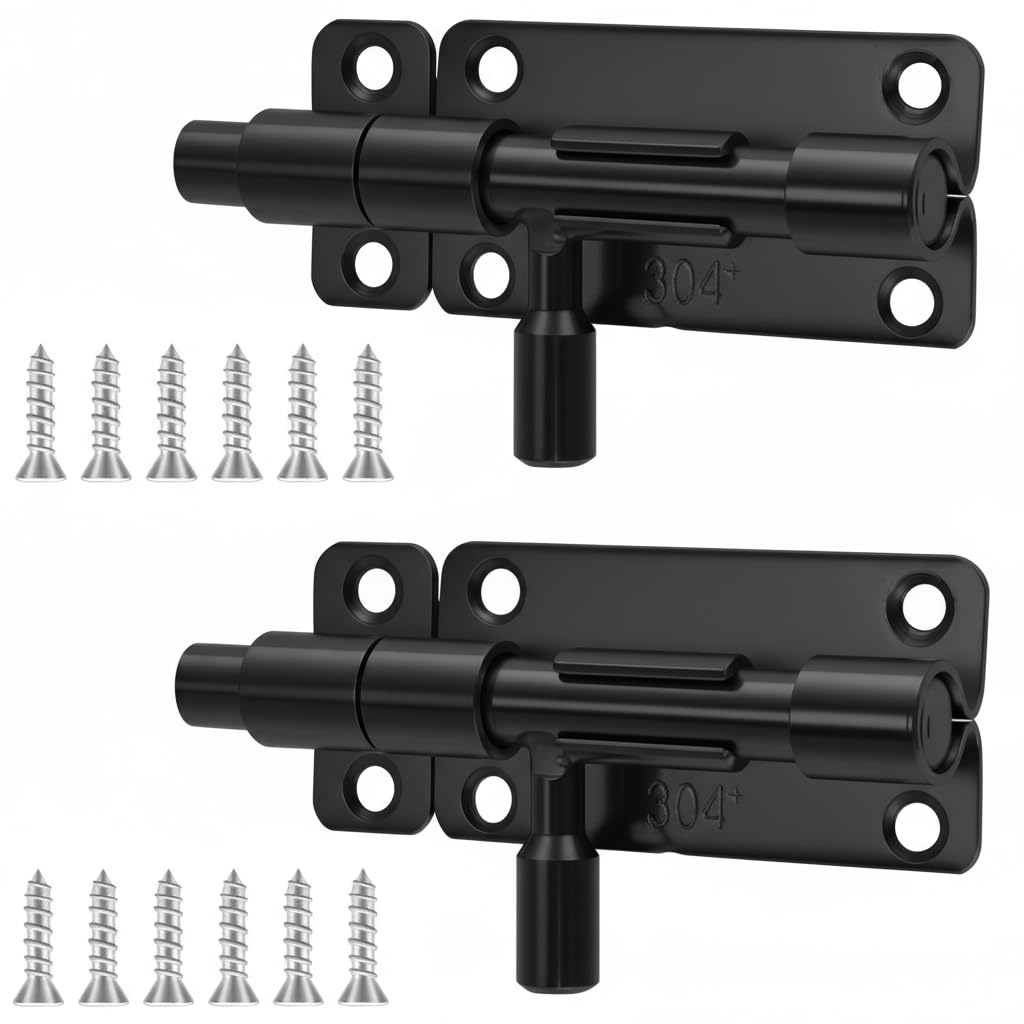VINATO Chiavistello per Cancello, Spranga Robusta per Porta, Chiavistello per Porta in Legno, 4 Pollici in Acciaio Inossidabile 304, Set da 2 con Viti, Nero