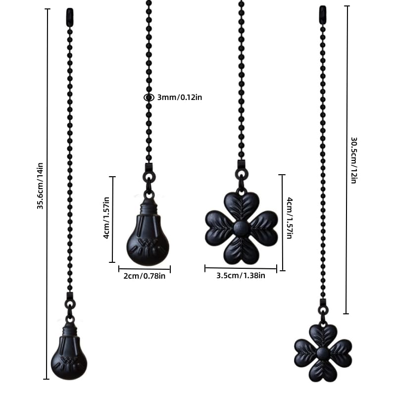 Image of Ceiling Fan Pull Chain Set, 2 Pcs Bulb and four-leaf Pattern Pull Chain Extension Fan Pull Chain Pendant 12 Inch Ceiling Fan Chain Extender (Black)