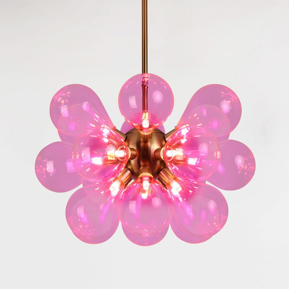 HYJAUSXB 18 Lights Blue Blown Glass Chandelier Cluster Bubble Pink Pendant Light Mid Century Modern Milk Ceiling Lamp for Bedroom Living Room Kitchen Dining Table Staircase Foyer