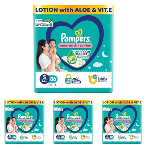Image of Pampers Complete Skin Comfort Pants, (S) 86 Count, Anti-rash blanket, Lotion with Vitamin E & Aloe Vera, Small size baby diapers, 4-8 kg (Pack of 4)