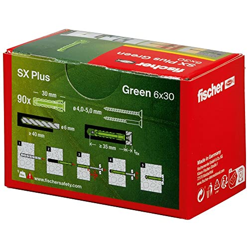 Image of fischer 567807 Expansion SX Plus Green 6 x 30, Box of 90 Sustainable, Purpose dowels Made from Renewable raw Materials, Optimal Hold, Solid, aerated Concrete, Perforated Bricks and Much, Greenline