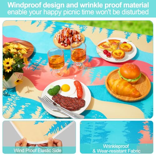 Image of Picnic Table Cover with Bench Covers 6FT 3 Pcs Waterproof Windproof Aesthetic Camping Tablecloth with Drawstring Bag, Fitted for 6 Foot Rectangle Tables and Seats, 72 inch, Blue Orange
