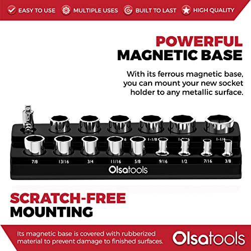 Image of Olsa Tools Magnetic Socket Organizer - 1 /2-Inch Drive SAE Socket Holder with Strong Magnets - Professional Tool Holder and Organizer - Stores up to 16 Sockets - Black - Part:1544