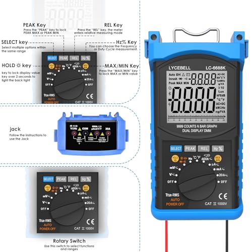 Image of Digital Multimeter 9999 Counts,Dual Display Analogue Bar Graph LCD Monitor Voltage Meter Tester Ammeter for Measures AC /DC Voltage Current Resistance Capacitance Frequency Auto Ranging Diodes
