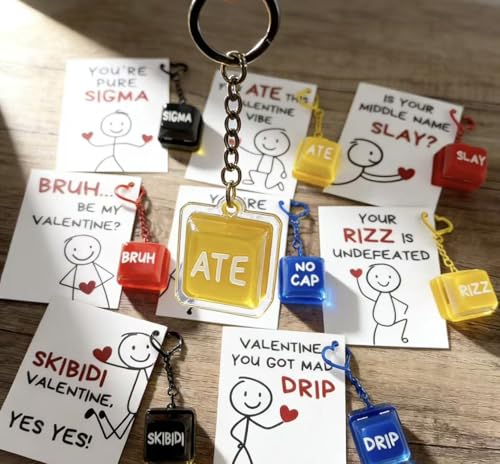 Valentine's Day School Cards for Kids - 24 Slang Cards with 8 Keyboard Keychains - Perfect for Valentine's Day Class Exchange Gifts for Boys, Girls,...