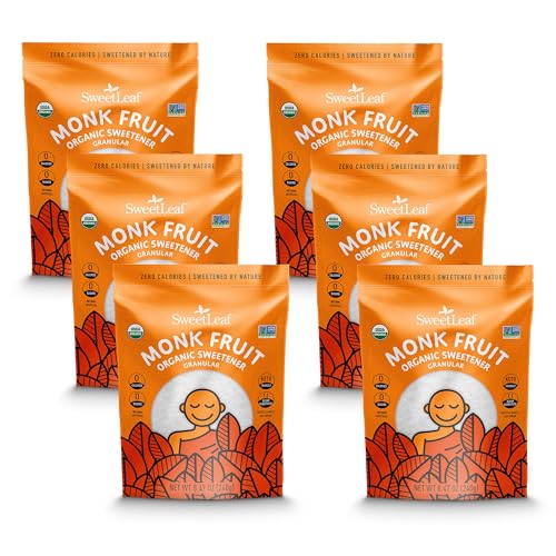 SweetLeaf Organic Monk Fruit Sweetener, Granular - Keto Friendly Natural Sugar Substitute for Coffee, Tea, and Baking, Zero Calorie, Organic Monk Fruit, Non GMO, Sugar Free - 8.47 Oz Bag (Pack of 6)