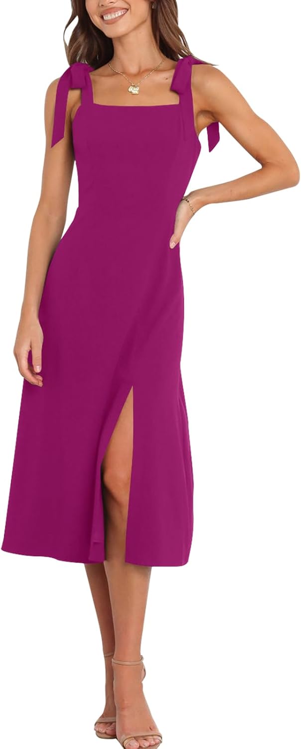 Tankaneo Womens Elegant Square Neck Bridesmaid Dresses Split Mid Formal Dress Cocktail Party Dress for Wedding Guest