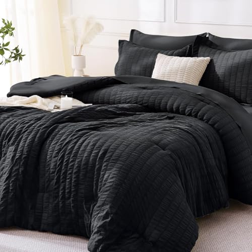 Image of MUXHOMO 7 Pieces King Comforter Set, Seersucker Bed in a Bag King Size, All Season Luxury Bedding Set with Comforter, Flat Sheet, Fitted Sheet, Pillowcases & Shams, Black