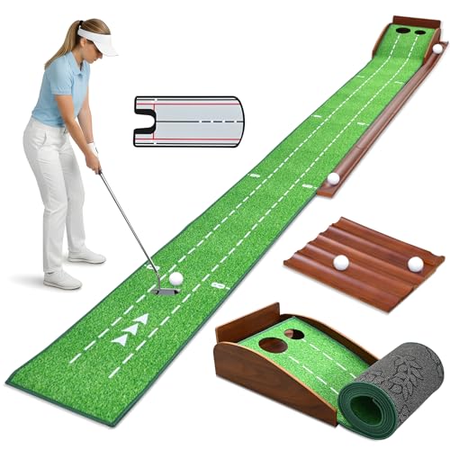 Esterilla de golf con rebobinado automático de bolas y riel de madera, Putting Green Indoor con espejo de putt & 2 agujeros, mini golf para el hogar, alfombra de golf plegable para oficina/jardín
