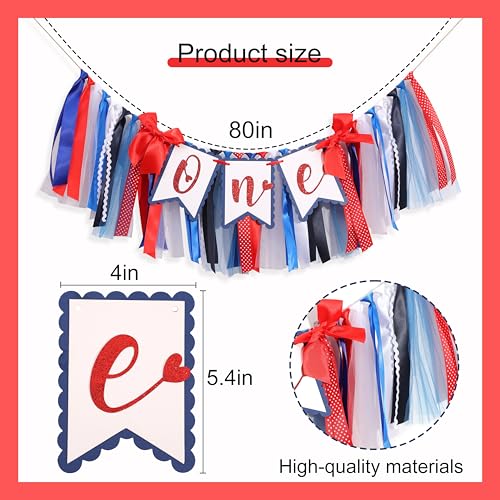 Image of Red White and Blue 1st Birthday Highchair Banner - Patriotic First Birthday Party Decoration, Independence Day ONE Highchair Banner for Baby, Fourth of July Photo Props Cake Smash, 4th of July Party Supplies (Patriotic Heart HIgh Chair Banner)