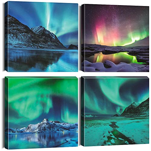 Sungeek Canvas Wall Art Prints 4 Pieces Modern Picture Framed Aurora Artwork Paintings for Bedroom Living Room Kitchen 30x30cm Home Wall Decoration Paintings