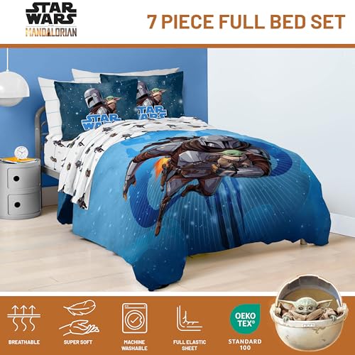Image of Jay Franco Kids Bed Set, Blue, The Mandalorian, 7 Piece Full | Cozy Soft Bedding for Stylish Room Decor with Comforter, Sheets & Pillow Covers