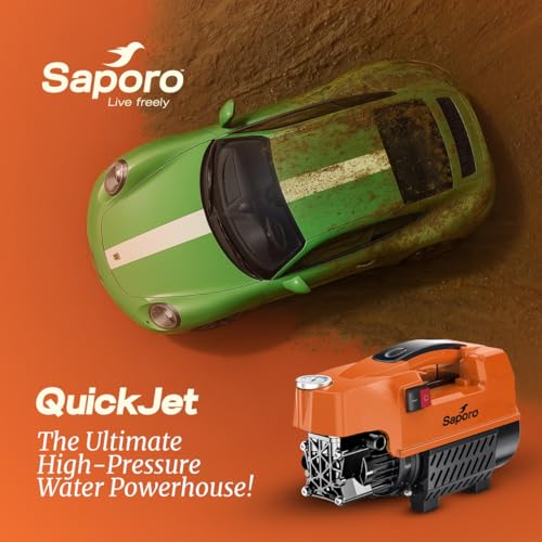 Image of Saporo Quickjet High Pressure Car Washer, 1800W Portable Pressure Washer with 120 Bar, 6.5 L /min Flow Rate, Self Priming, Auto Stop System, 8m Outlet Hose, 9 Accessories for Car, Bike & Home Cleaning