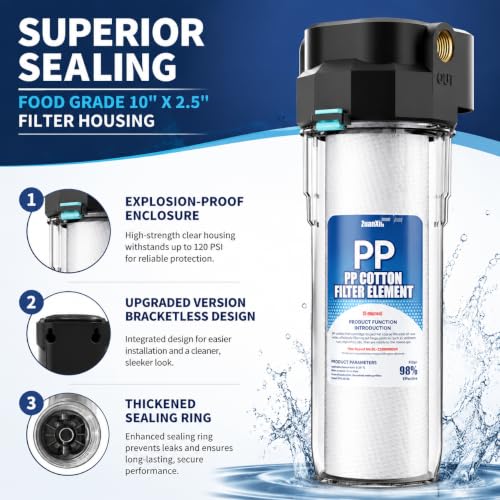 Image of Whole House Water Filter Housing, Fit 10 inchx2.5 inch Sediment etc Filters for Well and City Water, Pre-Filtration System for Home, 1 /2 inch Brass Portand includes a 3 /4 inch adapter, R-Type O-Ring, Bracketless