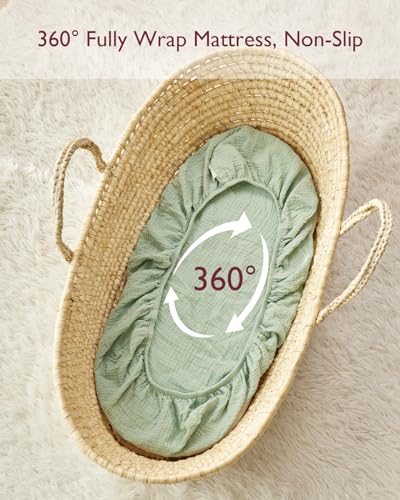 Image of Momcozy Muslin Fitted Bassinet Sheet, 2 Pack Soft Breathable Natural Cotton 32 inchx16 inch Baby Cradle Mattress Sheet, 360 Mattress Wrapping No Slip Boys Girls Neutral Bed Sheet, Small, Green & Grey