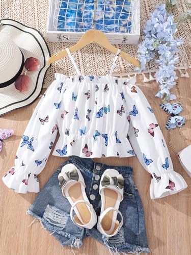 WDIRARA Girl's Butterfly Print Cold Shoulder Blouse Long Flounce Sleeve Peplum Top2